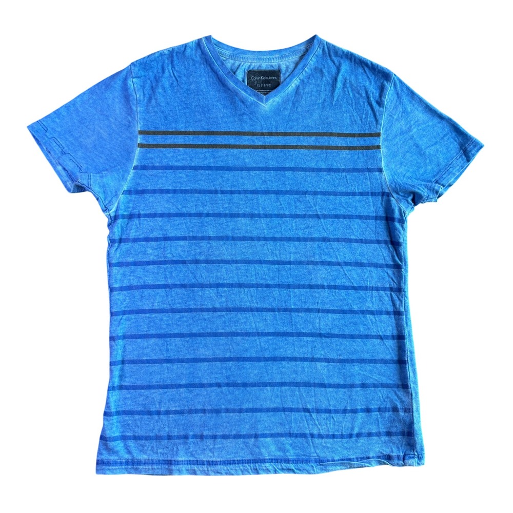 Calvin Klein Jeans Mens XL 18/20 Blue Striped V-Neck Cotton T-Shirt Acid Wash